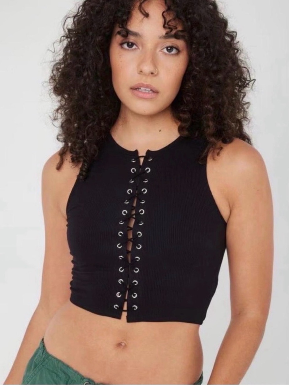 Garage Ribbed Front Lace-Up Tank in Beige  Size XS